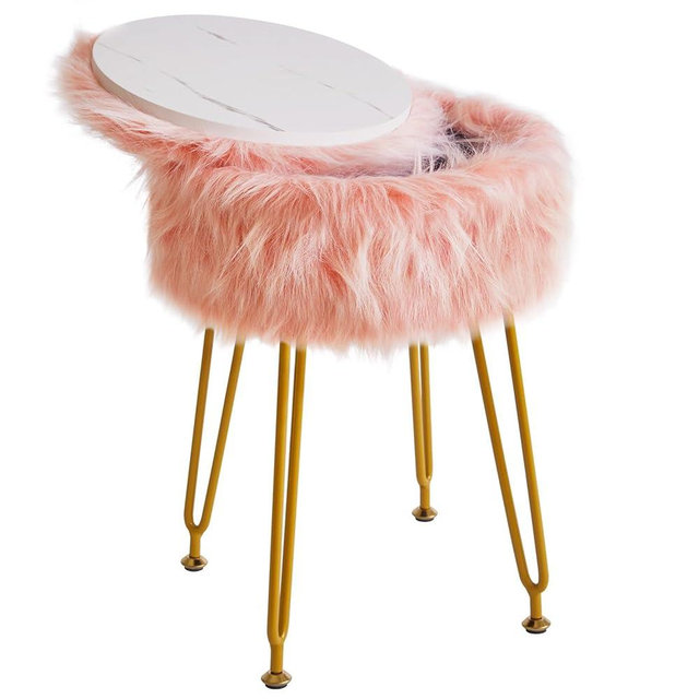 IBUYKE Round Faux Fur Vanity Stool with Storage, Furry Makeup Chair Ottoman, Soft Padded Seat, Round Footrest Footstools with 4 Metal Legs, for Living Room Bedroom Entryway, Pink WBD021P