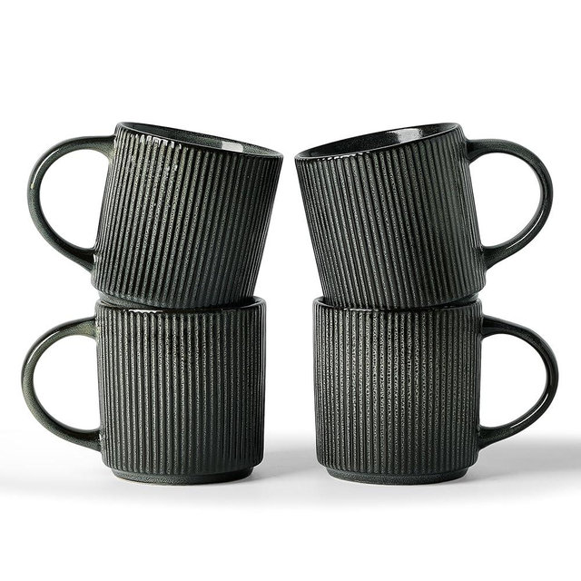famiware Coffee Mug Set for 4, Star 12 oz Catering Mugs Cup Set with Handle for Coffee, Tea, Cocoa, Milk - Ceramic Stoneware Drinkware Set, Deep Forest