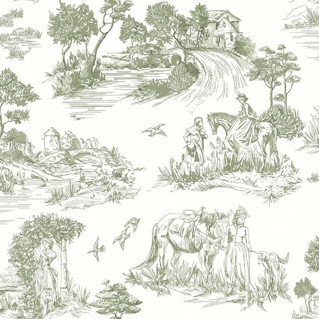 lenify Toile Wallpaper Peel and Stick Wallpaper Line Drawing Wallpaper 16.9inch x 118.1inch Green Vintage Wallpaper Country Life Self-Adhesive Removable Contact Paper for Bedroom Decorative Vinyl