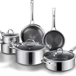SNOWCLAD Pots and Pans Set Non Stick, 10 Pcs Hybrid Stainless Steel Cookware Sets, Non Stick Frying Pans, Saucepans, Saute Pan & Stock Pot, PFOA Free Kitchen Skillet,Induction Compatible