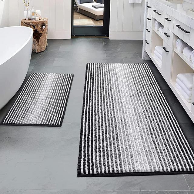 Bathroom Rugs and Mats Sets, 2 Piece Thick Absorbent Chenille Bath Mat Rug Set Non Slip, Soft Shaggy Bath Room Floor Mats for Bathroom, Machine Washable (20" x 47" Plus 16" x 24", Black)