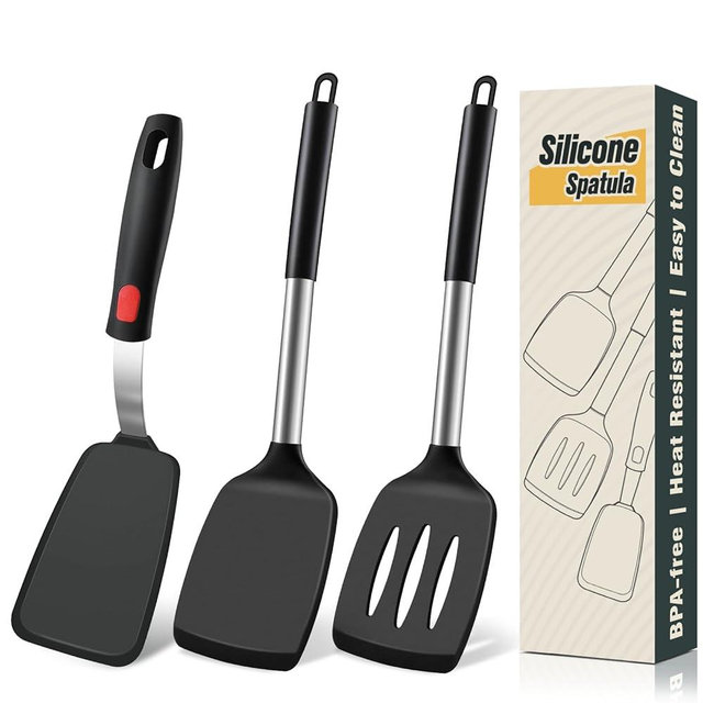 Silicone Spatula Set, Heat Resistant Solid & Slotted Turner for Non-Stick Pans, Silicone Cooking Utensils Set, BPA-Free, Flexible Spatula Turner for Flipping Eggs, Burgers, Pancakes, Black, 3 PCS-A