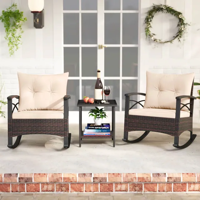 Costway 3 PCS Rattan Rocking Chair Set with Acacia Wood Tabletop Armrests for Porch Balcony Mix Brown + Beige