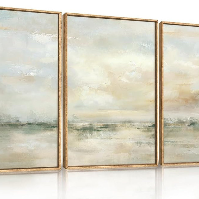 LHIUEM Large Abstract Green Gray Pastel Framed Canvas Wall Art,Neutral Landscape Wall Decor,Modern Watercolor Lake Artwork,Beige Textured Illustrations Art for Living Room,Bedroom,Office- 24"x36"x3