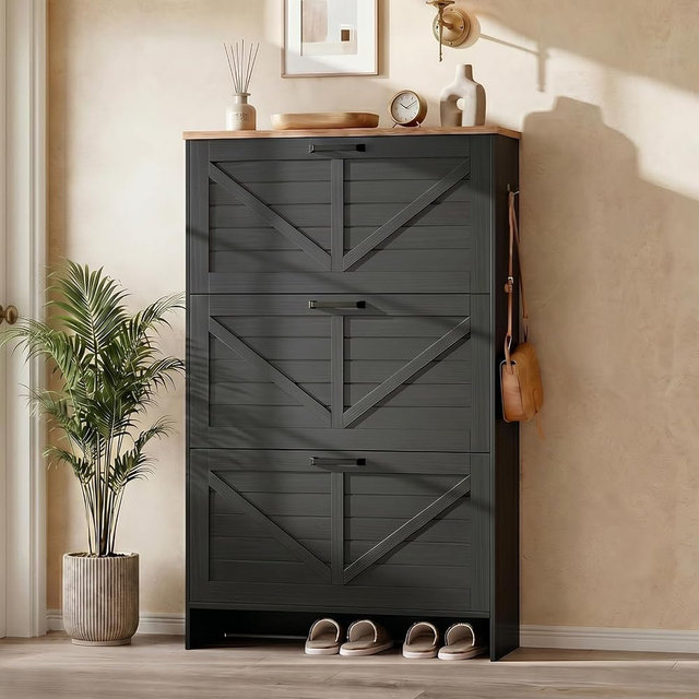 Nicetree Shoe Storage Cabinet for Entryway, 9.1" Ultra Slim 3-Drawer Flip Shoe Cabinet, Modern Black Farmhouse Hidden Shoe Organizer, Narrow Shoe Rack for Small Spaces