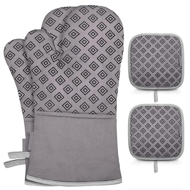 Oven Mitts and Pot Holders Kitchen: 500° Heat Resistant Oven Gloves Silicone Ovenmitts Hotpads Set - Quilted Long Kitchen Mittens Potholders Washable Mits Hot Pads Flexibility for Baking