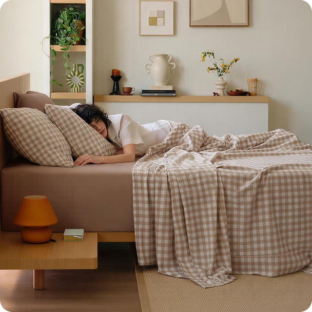 Bedsure 100% Washed Cotton Percale Sheets Queen Size - Linen Like Textured Gingham Sheets, 6-Piece Bedsheet Set with 18" Deep Pocket, Breathable & PureWoven Soft Comfy (Gingham Brown, Queen)