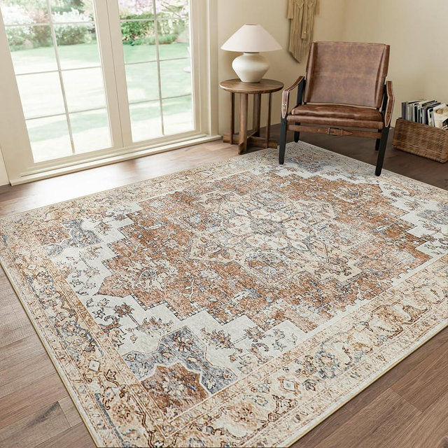 GENIMO 8x10 Area Rugs for Living Room, Machine Washable Non Slip Vintage Retro Rugs, Low Pile Lightweight Chenille Print Rug for Bedroom, Dining Room, Home Office, Orange