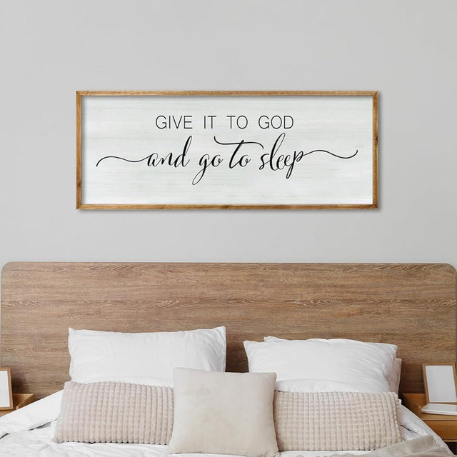 Give It To God And Go To Sleep Sign Wall Decor 33×12 Inches Master Bedroom Over Bed Wooden Framed Wall Art Large Rustic Farmhouse Above Bed Hanging Vintage Wall Signs Decoration (Wood)
