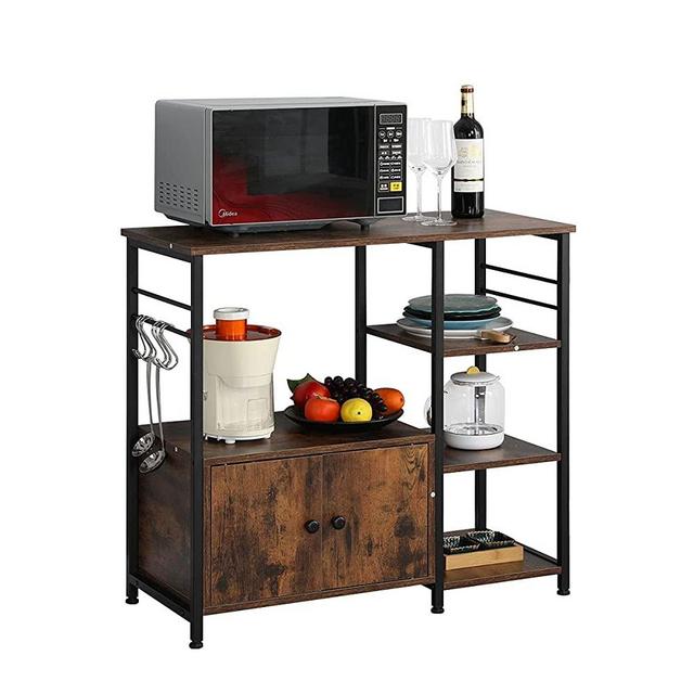 EROMMY Kitchen Baker's Rack, 4-Tier Industrial Microwave Oven Stand with Storage and 8 Hooks, Free Standing Kitchen Utility Cart Storage Shelf Organizer,Coffee Bar for Small Space,Rustic Brown