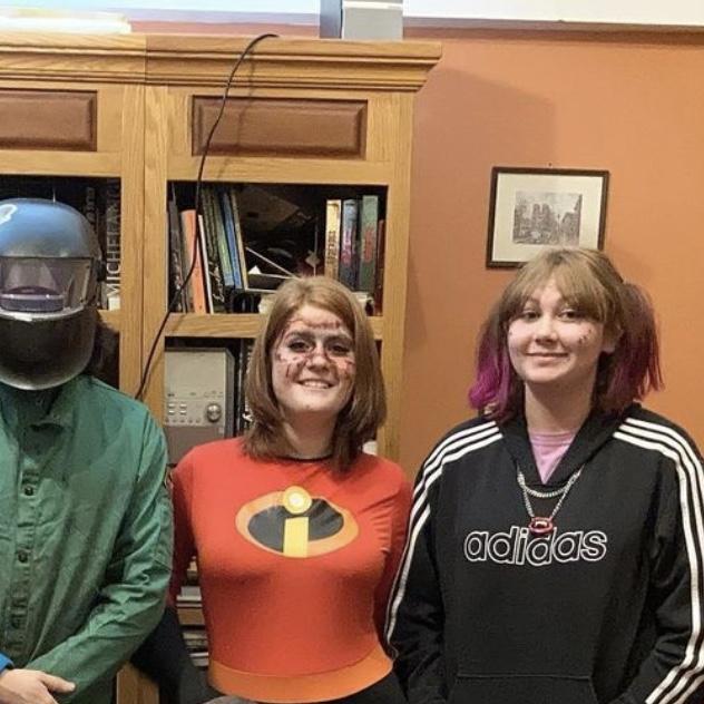 Our first time hanging out, outside of school. Halloween 2021 (Alex is dressed as a welder and Risa is a internet rapper)