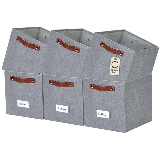 DECOMOMO Storage Bins, Cube Storage Bin with Labels, Fabric Storage Cubes for Shelves (11" / 6pcs, Texture Grey)