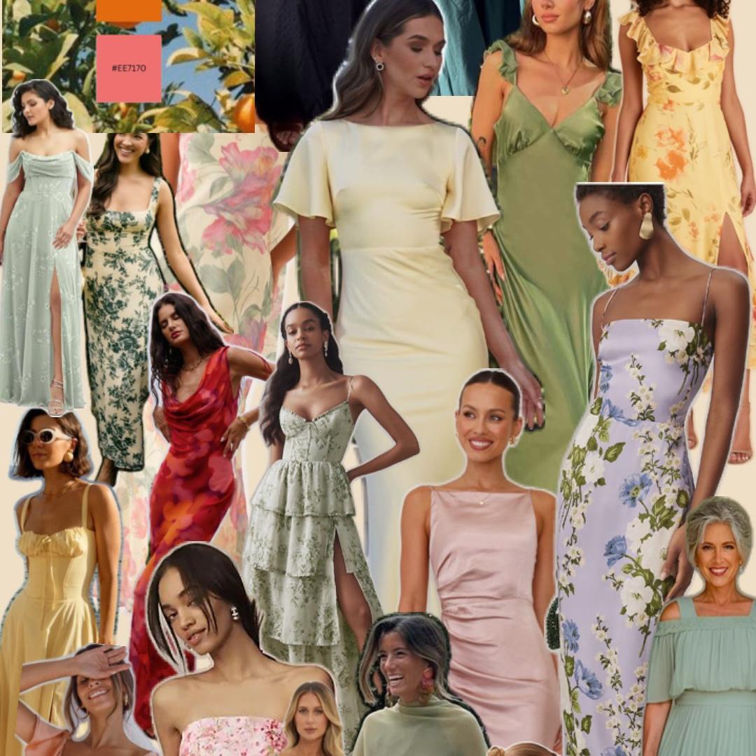 Classy summer dresses, flowy fit and floral colors. Please do not wear white.