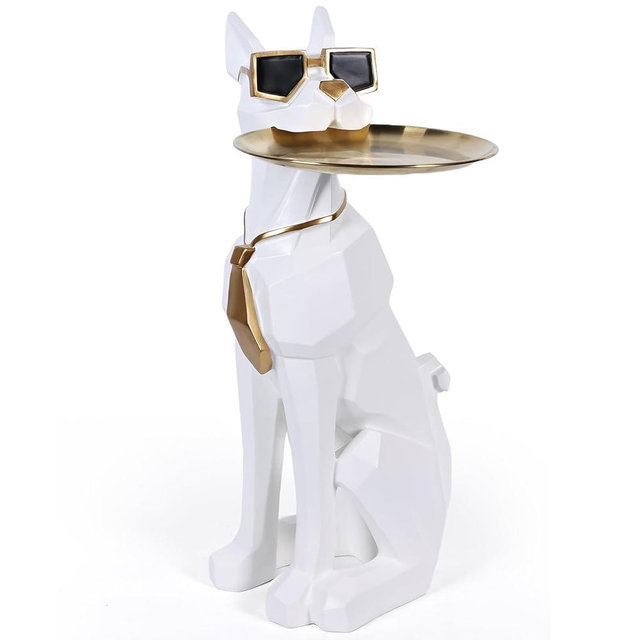 Resin Dog Side Table With Tray, Butler Statue Tissue Box, Accent End Table, Unique Sculpture, Geometric Statue, Funky Furniture for Home Decor Modern (White)