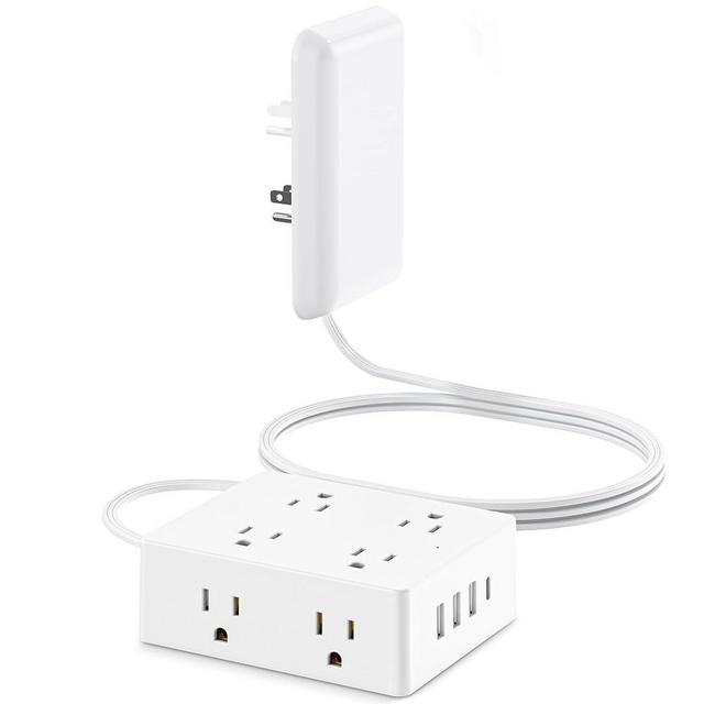 Flat Extension Cord with Outlet Cover, Olcorife Flat Plug Power Strip with 8 Outlets and 4 USB Ports, 2000 Joules Surge Protector, 10 FT Cord Hidden Outlet Extender for Tight Spaces