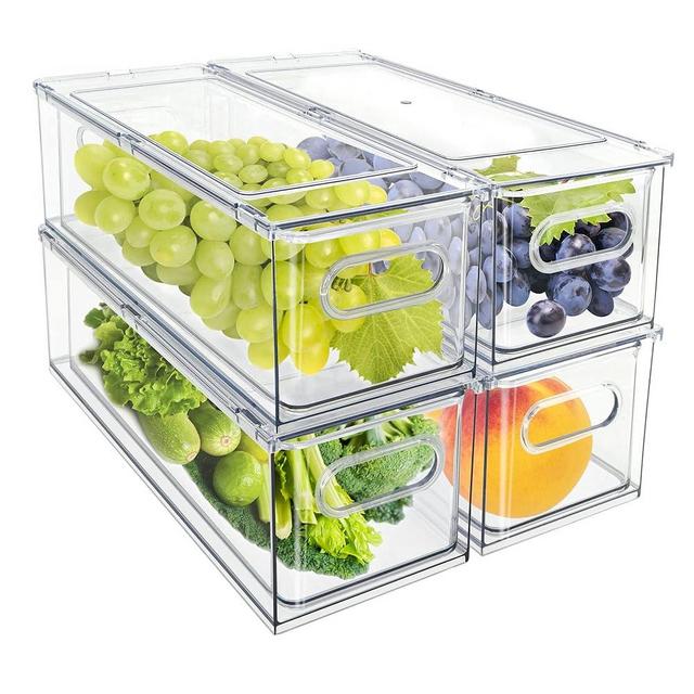 Mano Fridge Drawer Pull Out Stackable Bins with Handle Clear Refrigerator Drawers Organizer Food Storage Container Box with Dividers Plastic Produce Saver for Pantry, Cabinet, Kitchen, Clothes（4Pack）