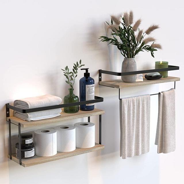 2+1 Tier Wall Mounted Floating Shelves Set of 2, Rustic Wood Wall Shelf with Metal Frame, Extra Storage Rack for Bathroom, Kitchen, Bedroom with Tissue Rack & Towel Bar - Rustic Wood