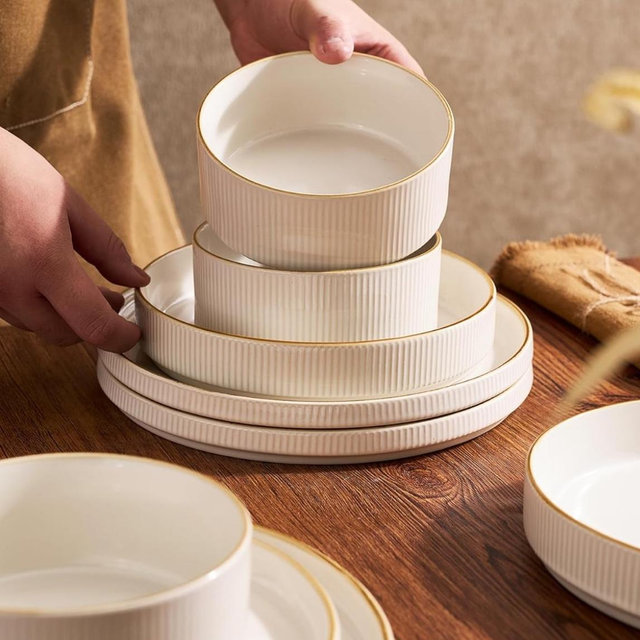 Famiware Star Dinnerware Set (24 Pieces), Ribbed Stoneware Plates and Double Bowls Sets with Trim
