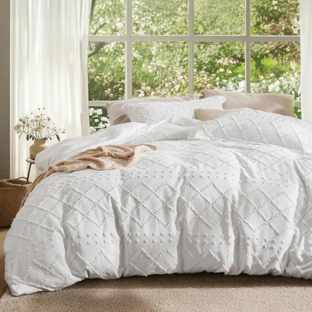 Bedsure White Full Size 3 Piece Solid Embroidery Duvet Cover Set Soft Bedding Valentine’s Day Gift