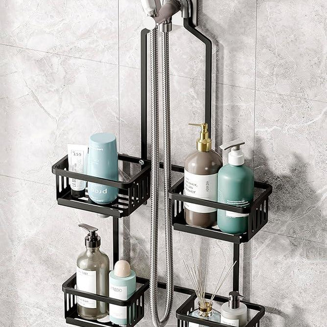 BXINREDA Aluminum Shower Caddy Hanging for Handheld Showerheads, Never Rust Shower Organizer with Hooks Holder Toothbrush Holder，Over Showerhead Caddy for Bathroom, Black