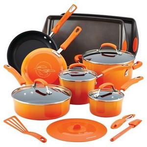 Rachael Ray Hard Enamel Nonstick 16-Piece Cookware Set, Gradient Orange 