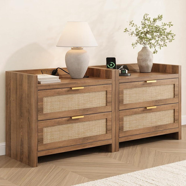 Yanosaku Rattan Night Stand Set of 2 with Charging Station, Boho Bedside Table with 2 Storage Drawers & USB Charging Ports, Wood Side Tables for Bedroom, Caramel Oak