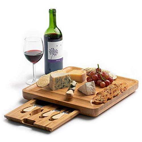 Machika Bamboo Cheese Board Set with Slide Out Drawer and Stainless Steel Knives Perfect for Weddings, Christmas, Birthdays and Housewarming Gifts
