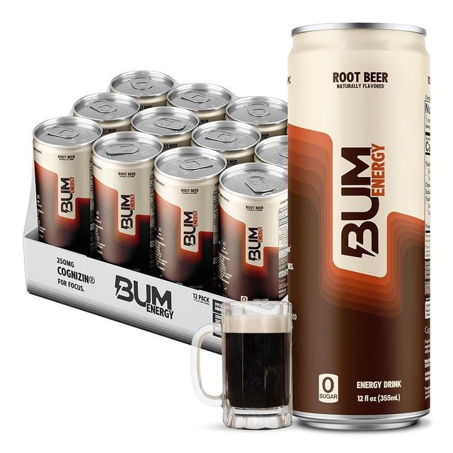 BUM Sugar-Free Energy Drink, Root Beer - Lightly Carbonated & No Artificial Colors, Natural Caffeine & Citicoline for Energy & Focus, Brain Boost & Workout Sports Beverage - 12 oz, Pack of 12