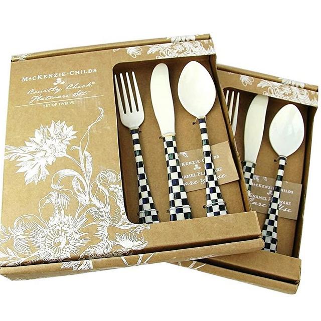 MACKENZIE CHILDS LOT OF TWO SET 12 PIECE (24) COURTLY CHECK ENAMELED FLATWARE NEW
