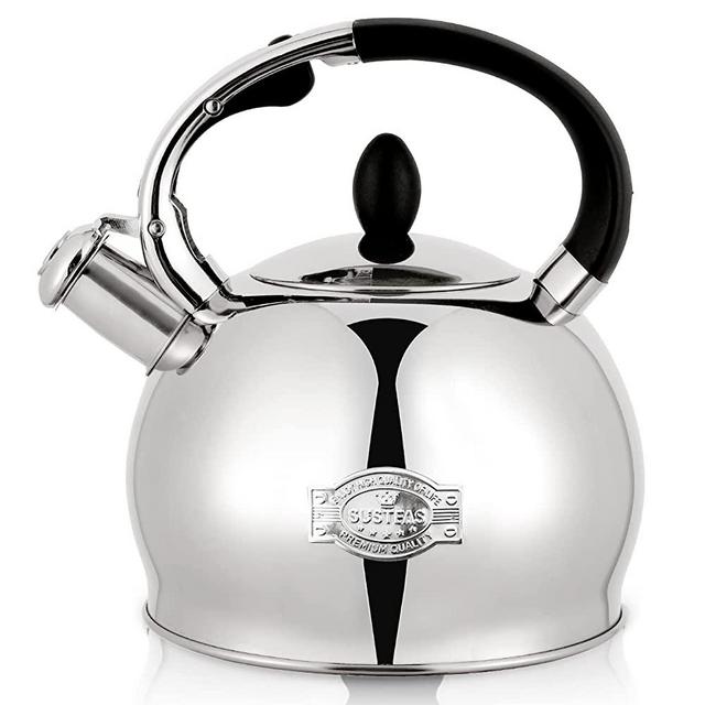 SUSTEAS Stove Top Whistling Tea Kettle-Surgical Stainless Steel Teakettle Teapot with Cool Touch Ergonomic Handle,1 Free Silicone Pinch Mitt Included,2.64 Quart(SILVER)