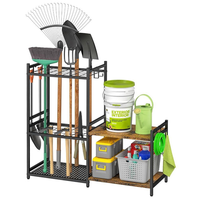 DAOUTIME Garage Tool Organizer with 2-tier Wooden Shelves, Yard Tool Organizer for Garage with 6 Hooks, Metal Steel Garden Tool Rack Holds up to 35 Long Handled Yard tools for Storage, Black