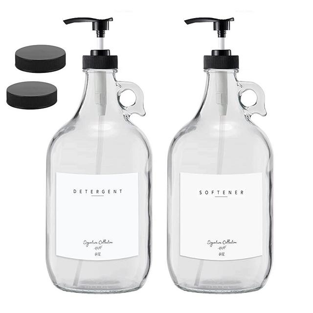 Laundry Detergent Dispenser for Laundry Room - Two Half Gallon Glass Jugs for Fabric Softener Dispenser, Liquid Laundry Soap Dispenser and Bleach - 64 oz. Black Commercial Condiment Pump Dispenser