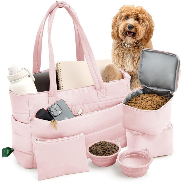rubyloo Puffer Dog Travel Bag for Dog Moms – Doggy Diaper Bag with Pet Bowls & Food Storage or Everyday Puffy Tote – Doggy Mom Gifts for Women – Lightweight, Travel-Ready Gift for Pet Lovers - Pink