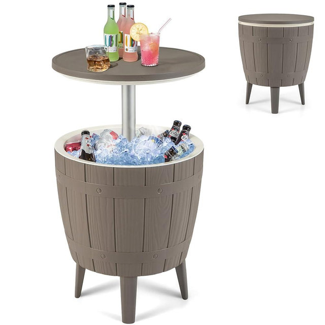 Giantex Cooler Side Table Outdoor, 10 Gallon Ice Cooler with Drainage Plug, Adjustable Height, 3-in-1 Cocktail Patio Par Table for Beer Wine Storage, Deck Pool Backyard Party, Taupe (Wood-Style)