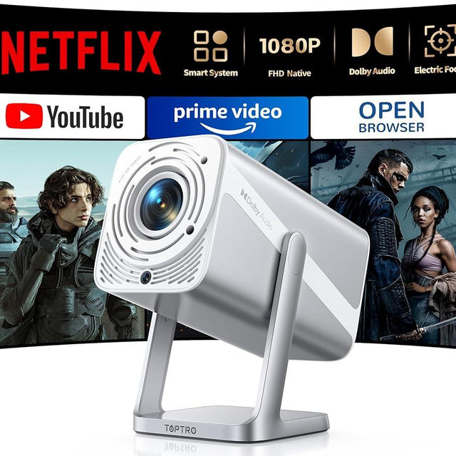 [Netflix-Licensed/Dolby Audio/360° Adjustable Stand]Smart Projector-4K with WiFi 6 and Bluetooth, Native 1080P Mini Portable Projector, Electric Focus & Auto Keystone, TOPTRO Outdoor Movie Proyector