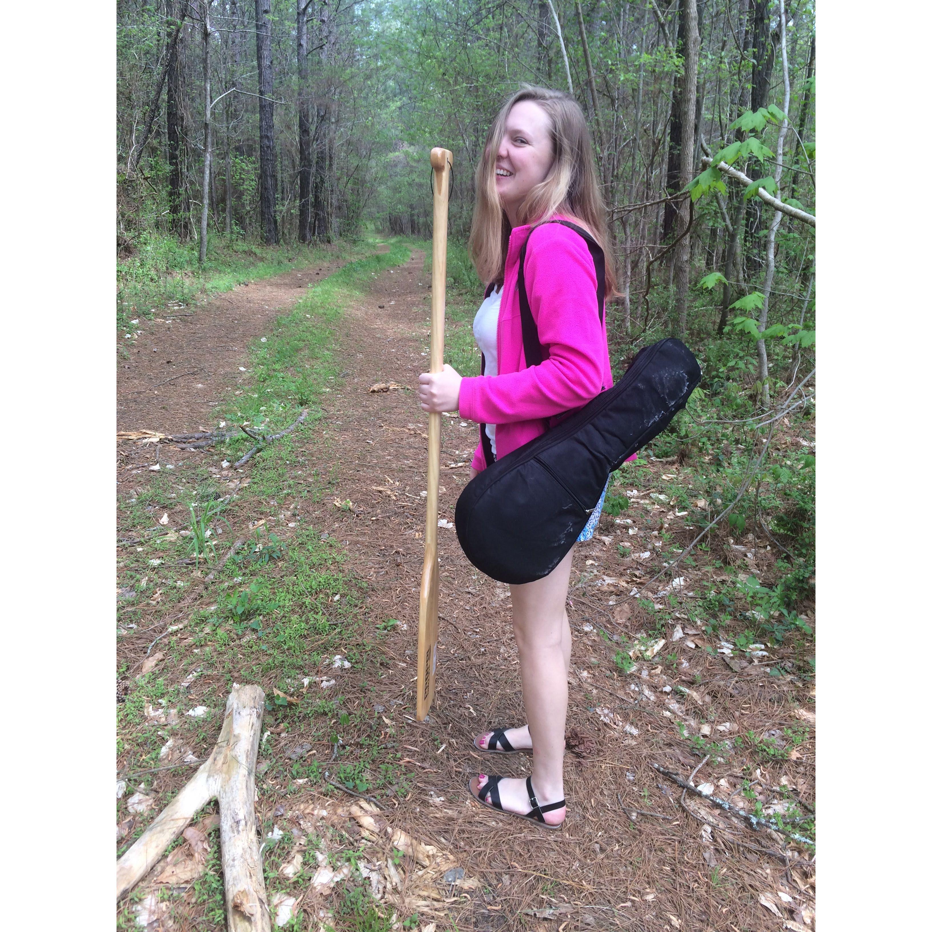 Grant captured this moment at the start of their first date: Georgie proudly carried the oar and ukulele on their hike to a secluded pond in Warrenton to start their journey of love.