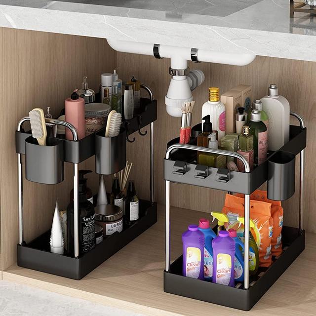 2 Pack Under Sink Organizer,2 Tier Under Sink Storage Organizer with Hooks and Hanging Cups for Bathroom,Kitchen Multi-Purpose Standing Rack Organizer,Bathroom Collection Baskets