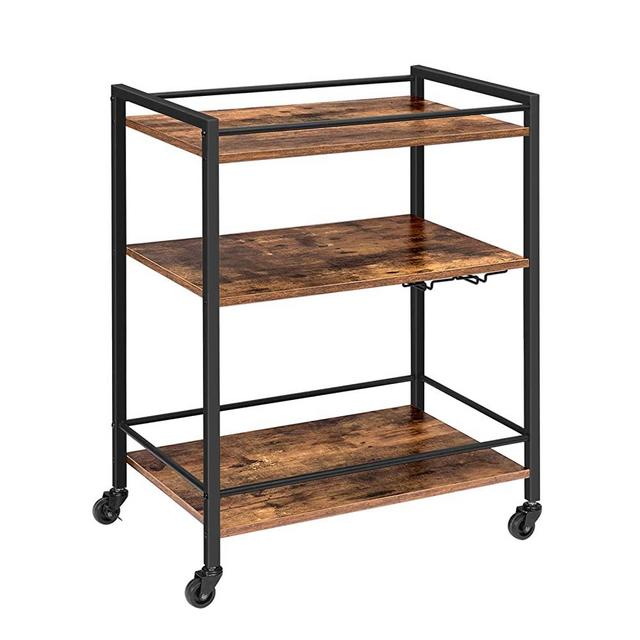 HOOBRO Bar Cart, Rolling Serving Cart with Wine Glasses Hooks, 3-Tier Utility Cart with Lockable Castors, Adjustable Feet, Kitchen Stand with Storage Shelves, Easy Assembly Rustic Brown BF02TC01