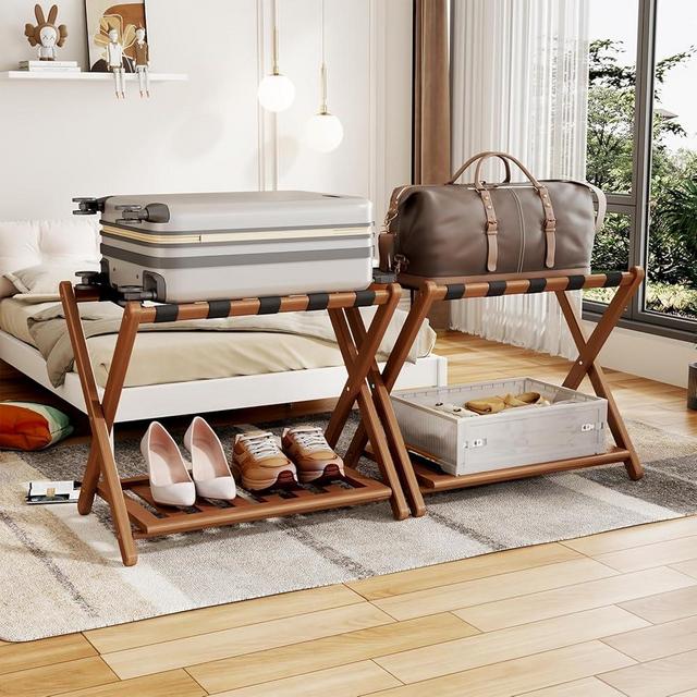 Oakvora Full Assembled Luggage Rack Set of 2 - Luggage Stand for Guest Room, Foldable Suitcase Stand with Shoe Shelf, Luggage Holder for Suitcases, Bedroom, Hotel (Walnut Bamboo Suitcase Holders)