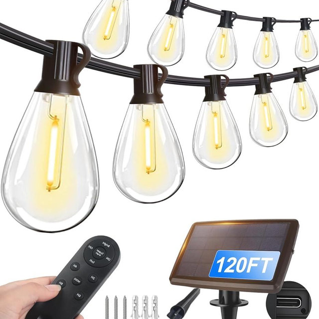 Tenmiro 120FT Solar Outdoor String Lights with Remote and 32+2 LED Shatterproof Bulbs Dimmable & Timing 3 Light Modes Solar Patio String Lights for Cafe, Garden, Deck, Outside Wedding Last for 10+Hrs
