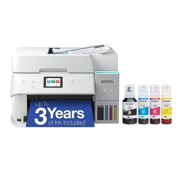 Epson EcoTank ET-4950 Wireless All-in-One Color Supertank Printer with up to 3 Years of Ink, Refillable Tanks, Perfect for Office, 18 PPM, 2.4" Color Touchscreen, Auto Document Feeder – White