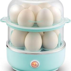Elite Gourmet EGC1215M Easy Egg Cooker, Stainless-steel Heating Plate, Two-Tiered, 14-Egg Capacity, Soft, Medium, Hard-Boiled, Auto Shut-Off, Omelets, Poached Eggs, Measuring Cup, Piercing Pin, Mint