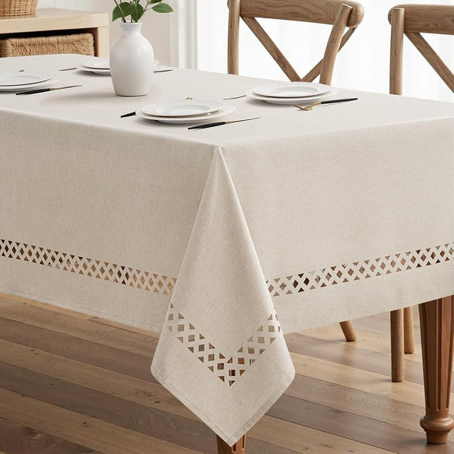 MIULEE Beige Rectangle Polyester Tablecloth with Decorative Cutouts Spring Waterproof Stain Resistant & Shrink-Proof Table Cloth 60x84 inch Farmhouse Style for Dining Wedding and Outdoor