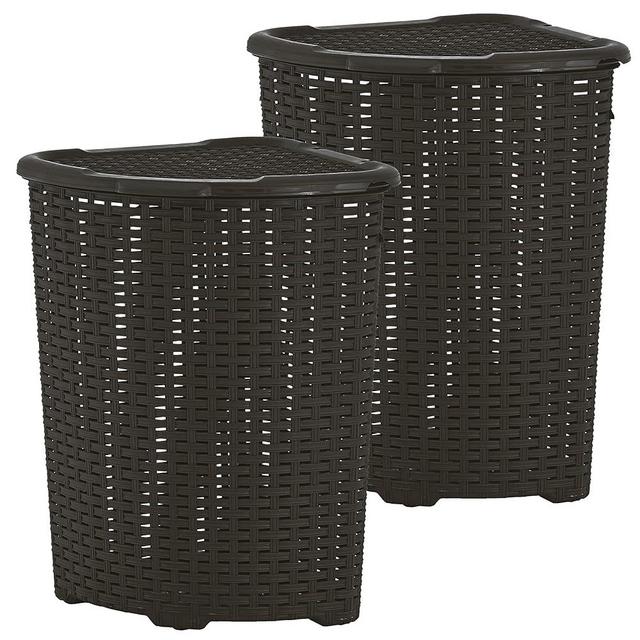 Plastic Corner Laundry Hamper with Lid, Curved Designed Laundry Basket, 2 Pack Triangle Brown Cloths Hamper Organizer with Cut-out Handles for Laundry Room Bedroom Bathroom, Wicker Design, 50 Liter