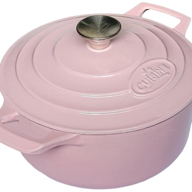 La Cuisine Enameled Cast Iron Dutch Oven Casserole Dish Pot with Lid, 3.7 QT 9.5" /24cm Dia. Cream White Enamel Coating Interior, Pink Enamel Coating Exterior, Oven-Safe up to 500° F