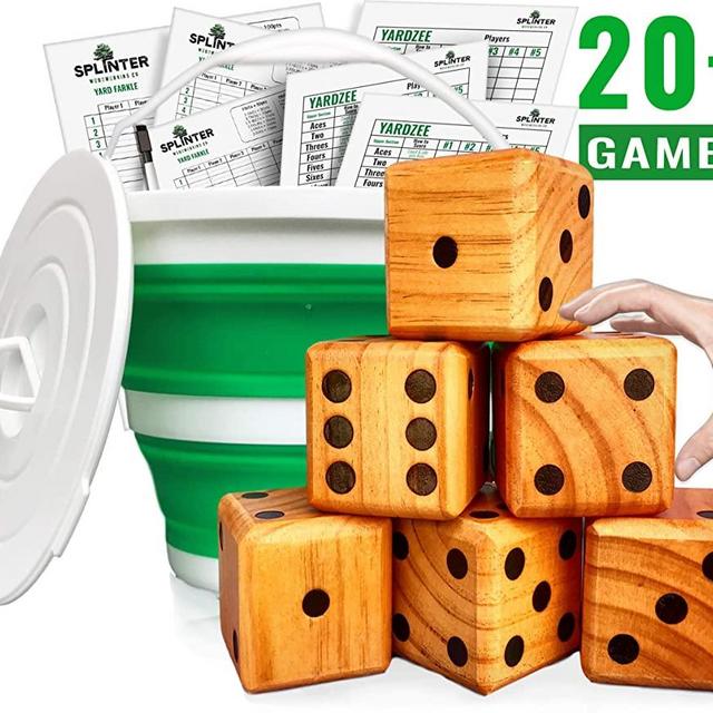 Splinter Woodworking Co Yardzee, Farkle & 20+ Games - Giant Yard Dice Set (All Weather) with Collapsible Bucket, Lid, 5 Big Laminated Score Cards & Marker - Backyard Lawn Game - Indoor / Outdoor