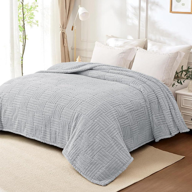 Whale Flotilla Fluffy Fleece Twin Size Blanket for Bed, Fuzzy Soft Cozy Exquisite Blankets with Decorative Jacquard Pattern for All Season, Warm but Lightweight, 60x80 Inch, Light Grey