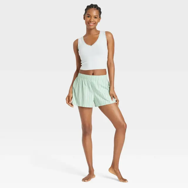 Women's Boxer Pajama Shorts - Colsie™ Green Striped L