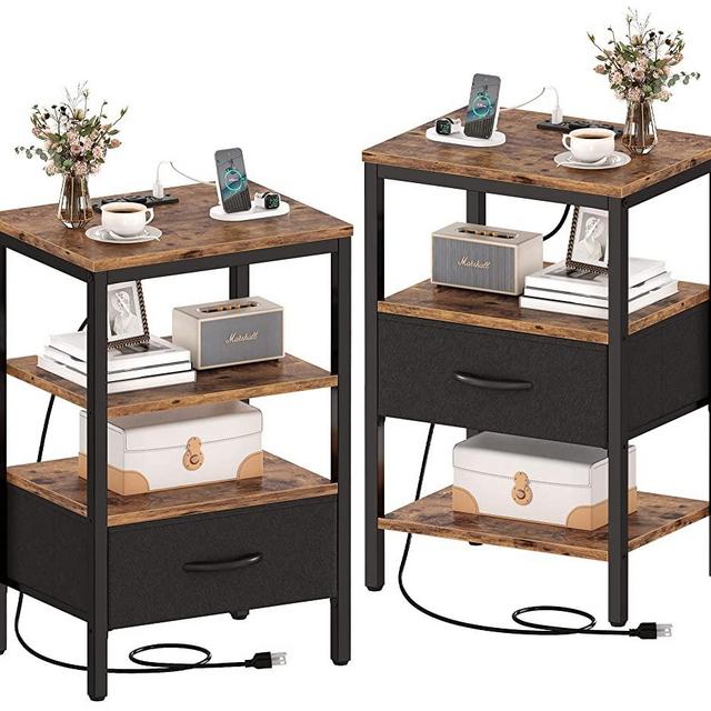 SUPERJARE End Tables Set of 2, Bed Side Tables with Charging Station, Adjustable Fabric Drawer, Night Stands, 3-Tier Storage Nightstands, Fabric Dresser, for Living Room - Vintage Brown