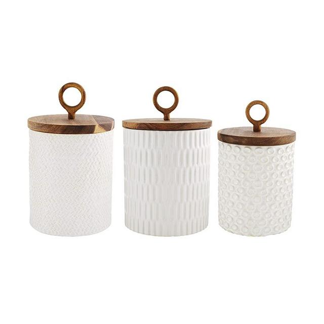 Mud Pie 49300035 85 Stoneware Canister Set, Cream, Small 8" x 4.5" | Medium 9.25" x 5.25" | Large 10.75" x 6", 50